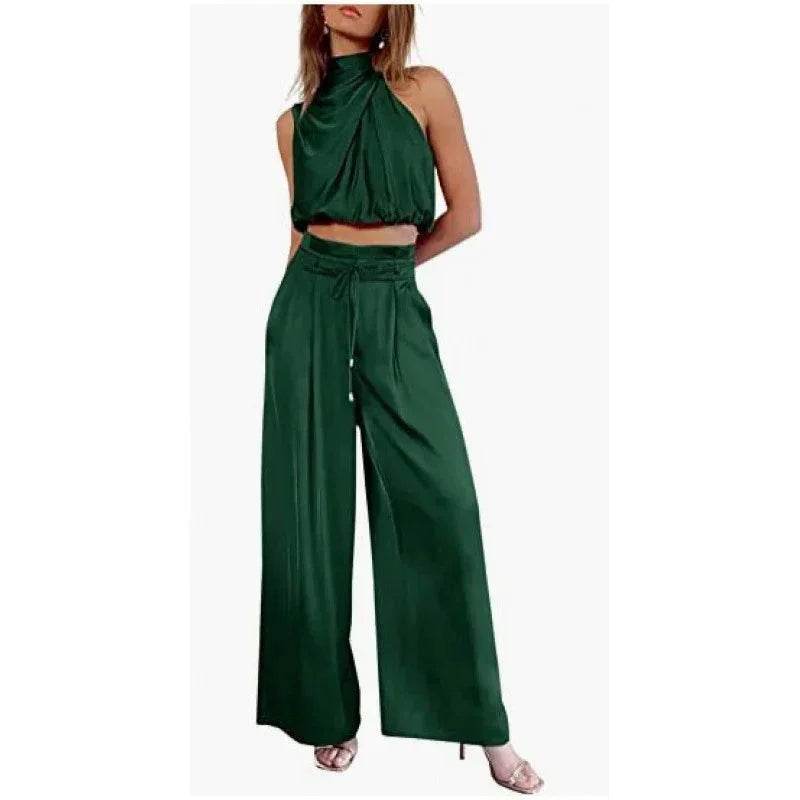 Woman wearing stylish green halter crop top and wide-leg pants from ZA-Zola fashion UK