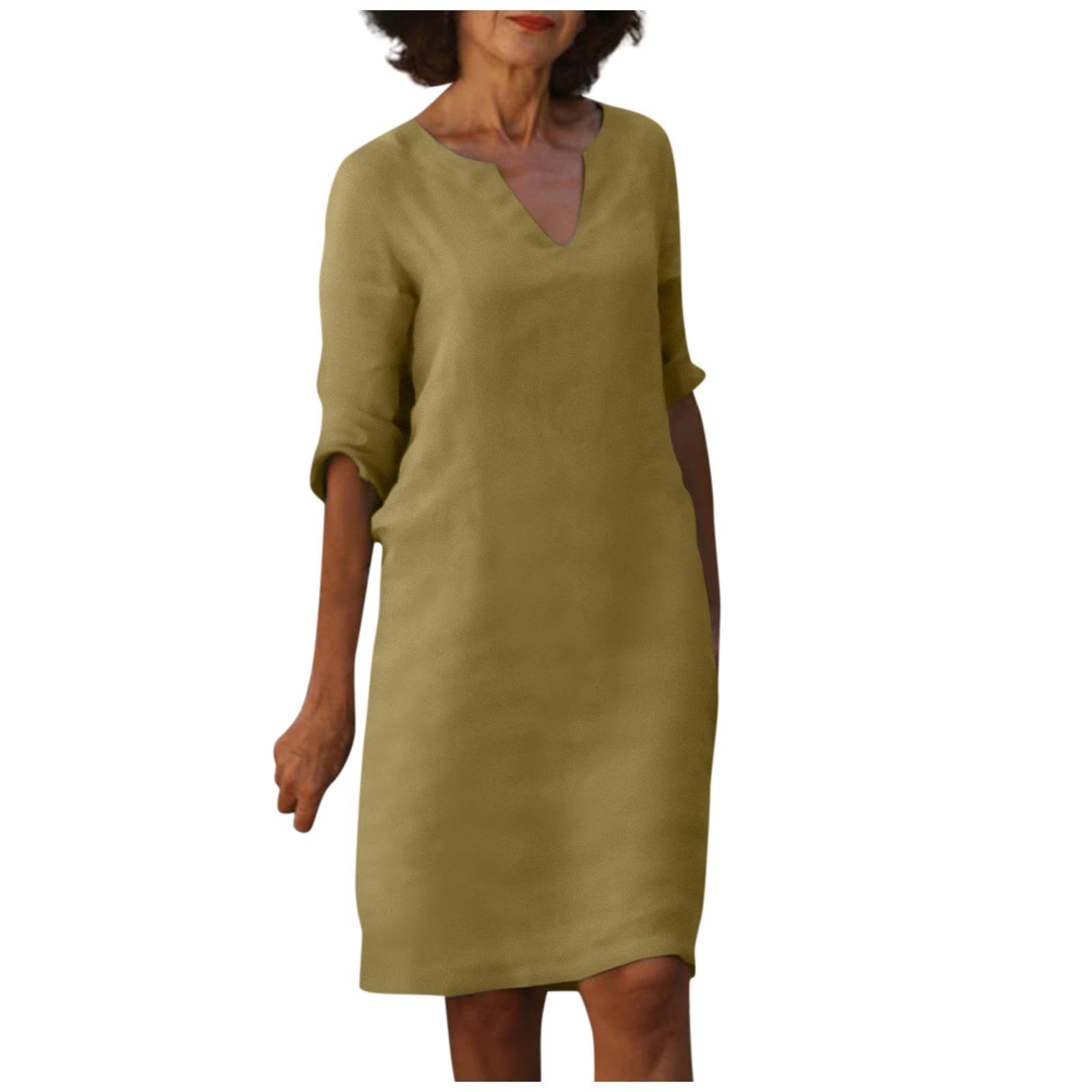 Cotton Linen V-Neck High Waist Retro Summer Dress – A-Line Solid Colour Mid-Length