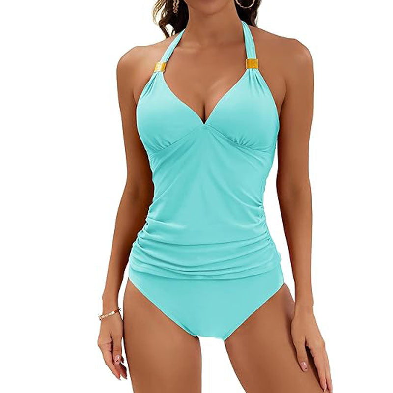 Turquoise swimsuit with a halter neck design on a white background