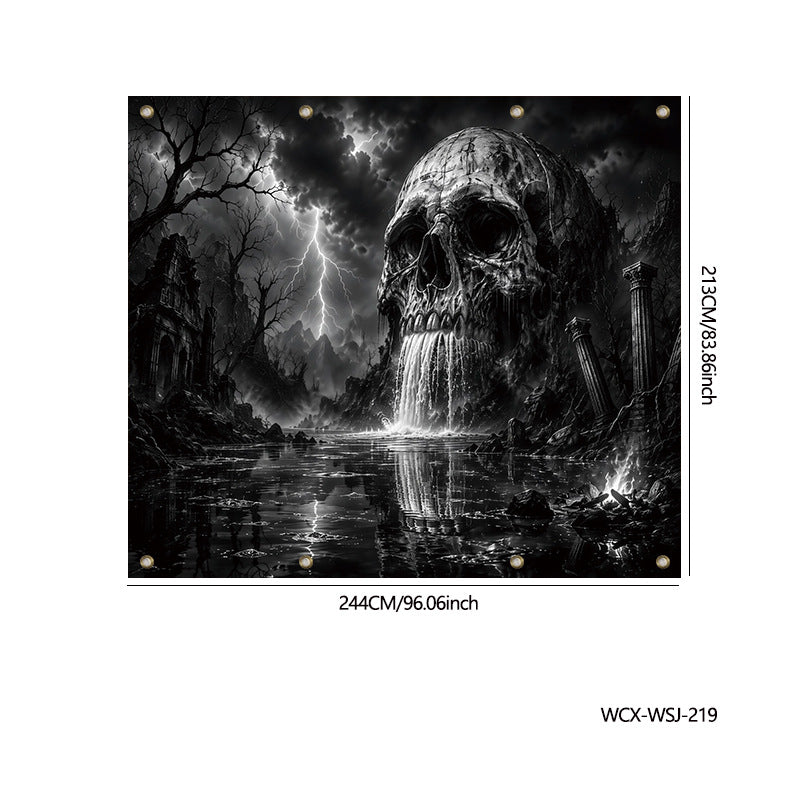 A black and white gothic fantasy art print depicting a giant skull rising from a dark river under a stormy sky with lightning, shown with printed dimensions and product code on a white background.