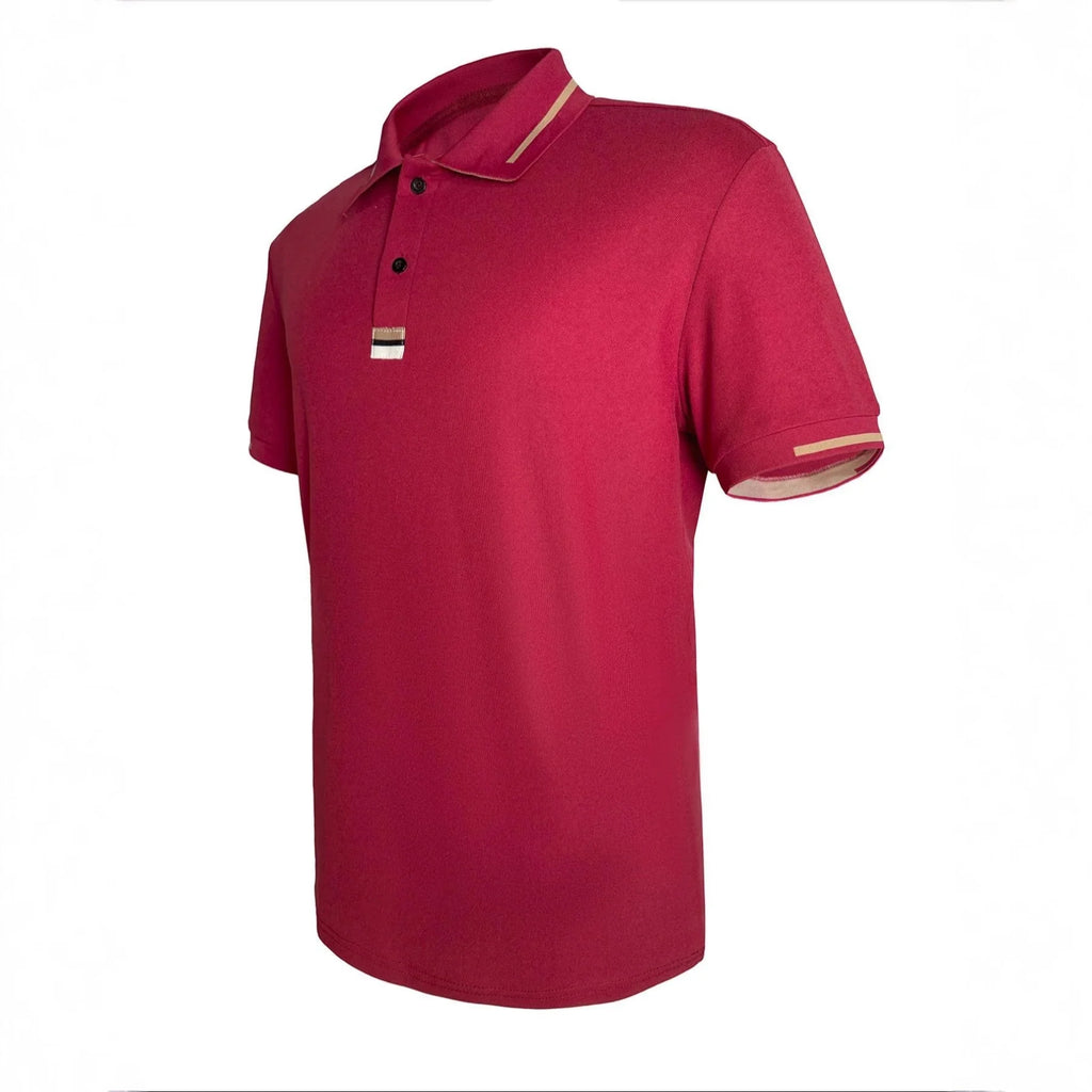 Red polo shirt with a small logo on a white background