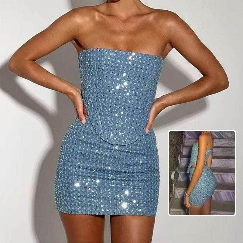 Y2K Denim Sequin Skirt Suit - Tube Top & Slim Skirt Set - ZA-Zola