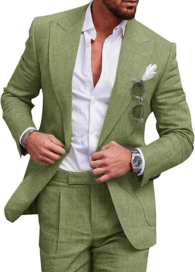 Green suit jacket with white shirt and sunglasses on a white background