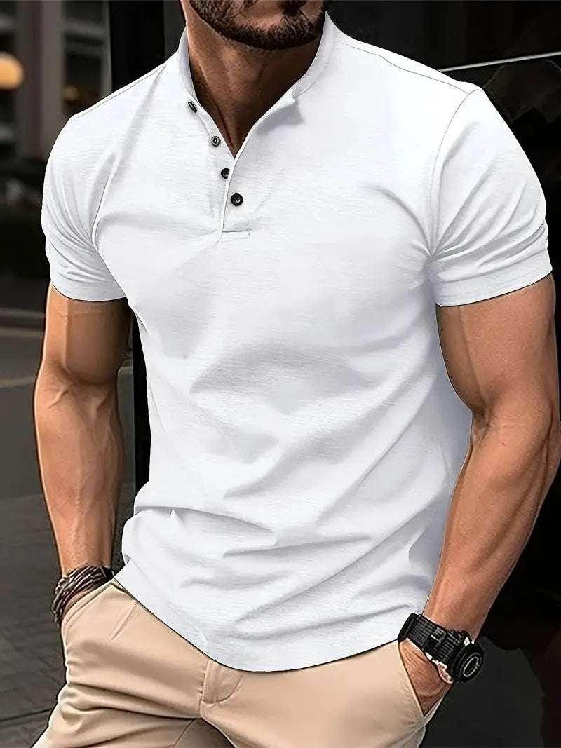 Men's white short sleeve polo shirt with black buttons, casual ZA-Zola fashion