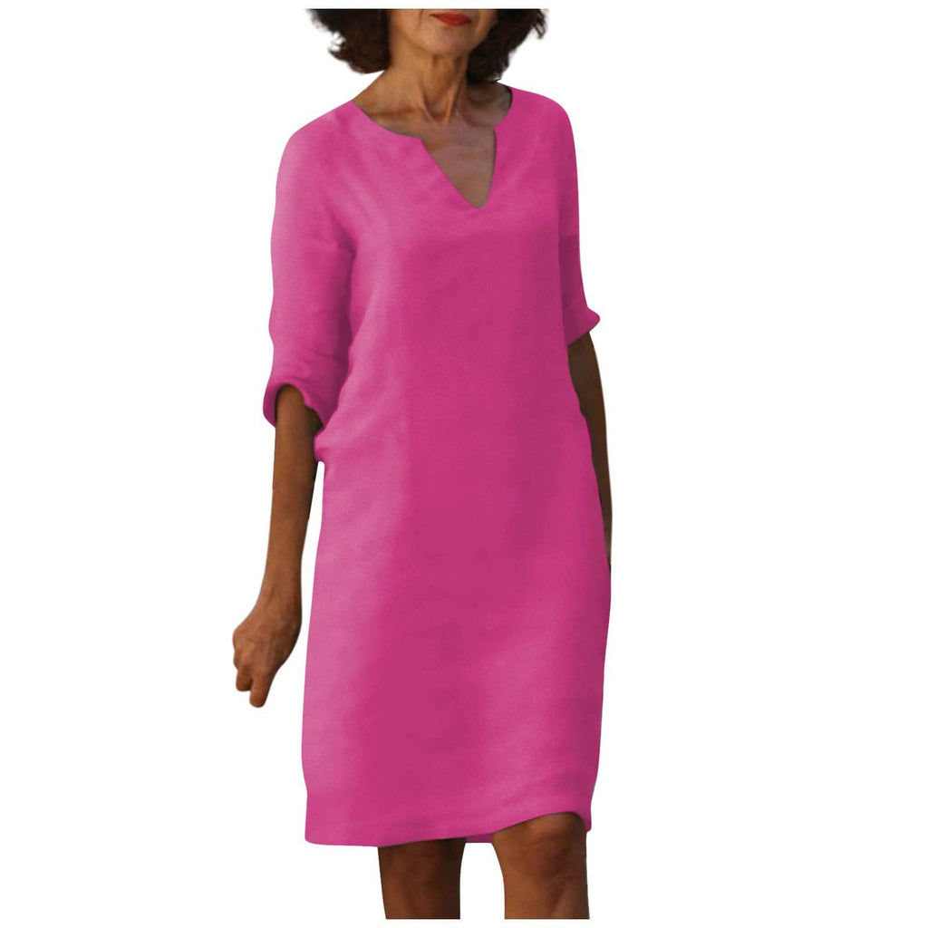 Cotton Linen V-Neck High Waist Retro Summer Dress – A-Line Solid Colour Mid-Length
