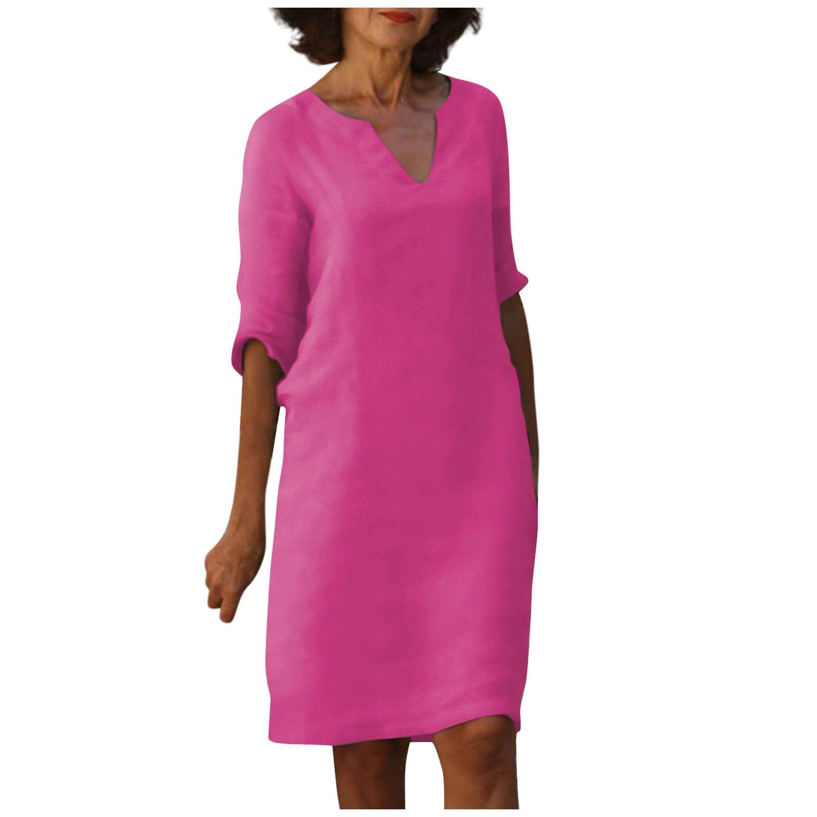 Cotton Linen V-Neck High Waist Retro Summer Dress – A-Line Solid Colour Mid-Length