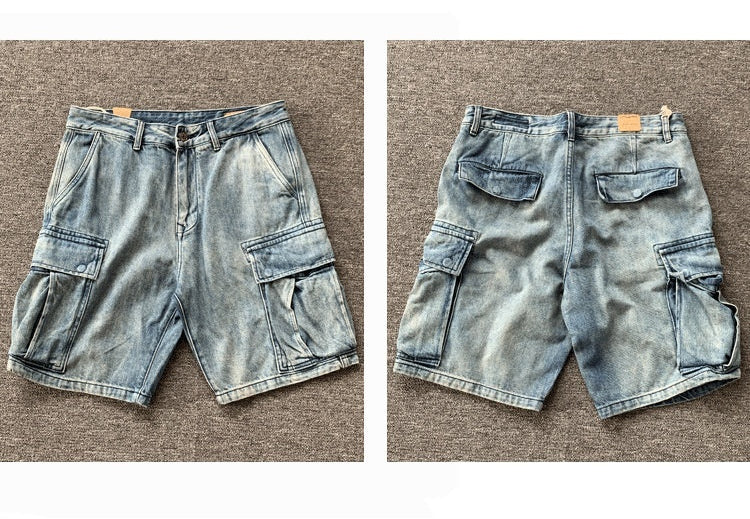 Blue denim shorts shown from front and back on a textured surface with 'Plane display/INKINDSHOW' text.