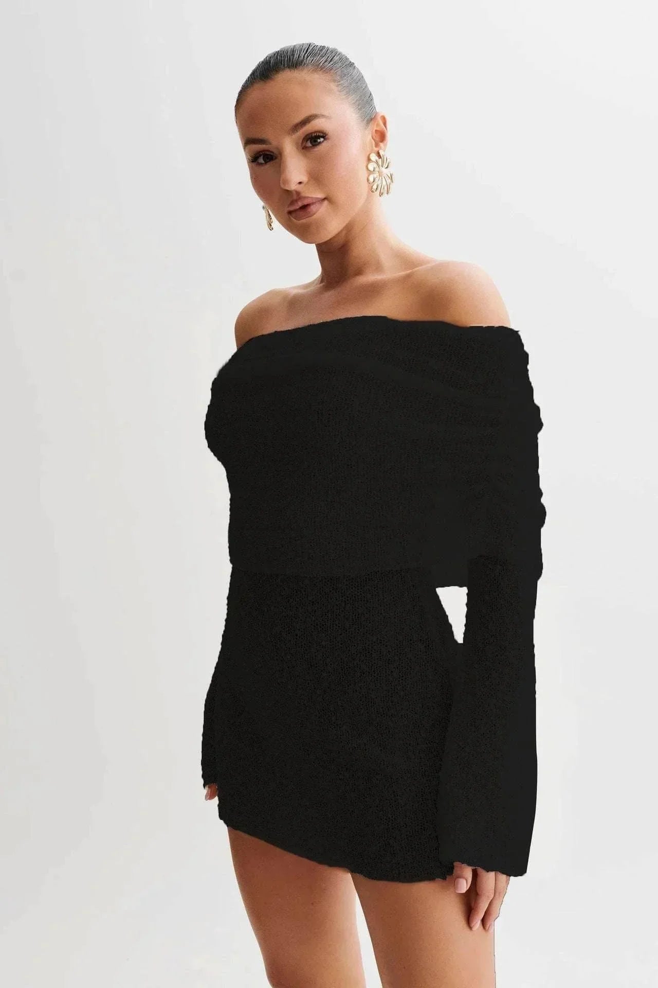 Knitted Off-Shoulder Bodycon Mini Dress - ZA-Zola