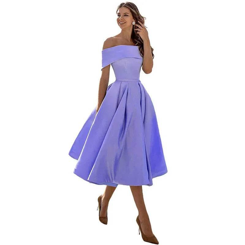 Off-Shoulder Satin Tea-Length Party Dress - ZA-Zola