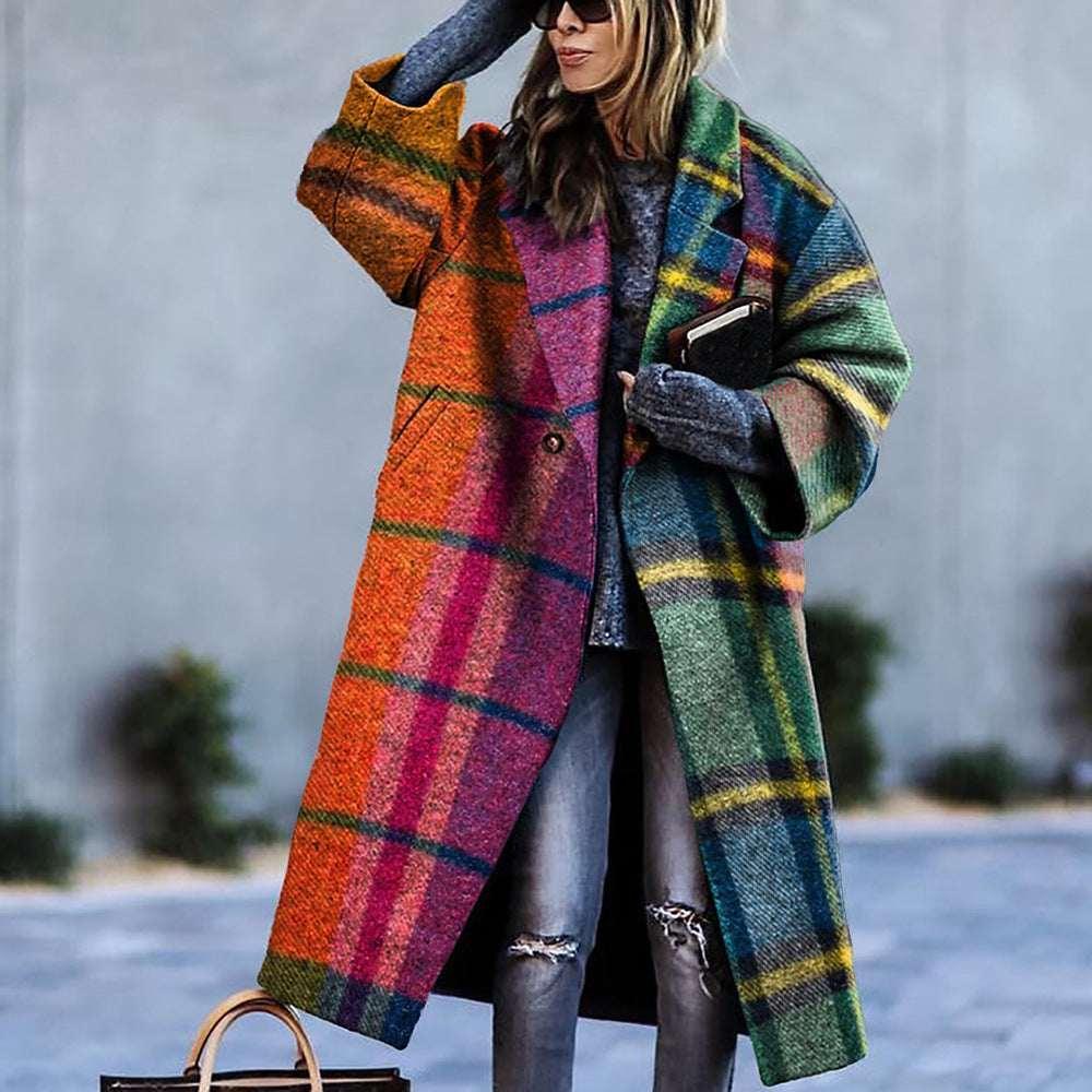 Women Plaid Long Coat Color Match Loose Fit - ZA-Zola