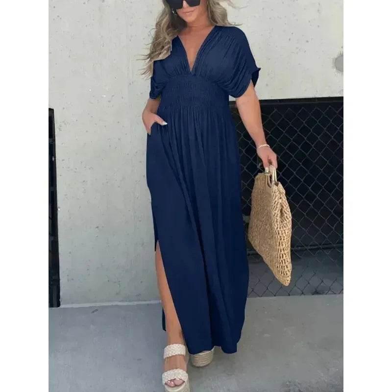 V-Neck Bat Sleeve Slit Dress – Summer Long Dress - ZA-Zola