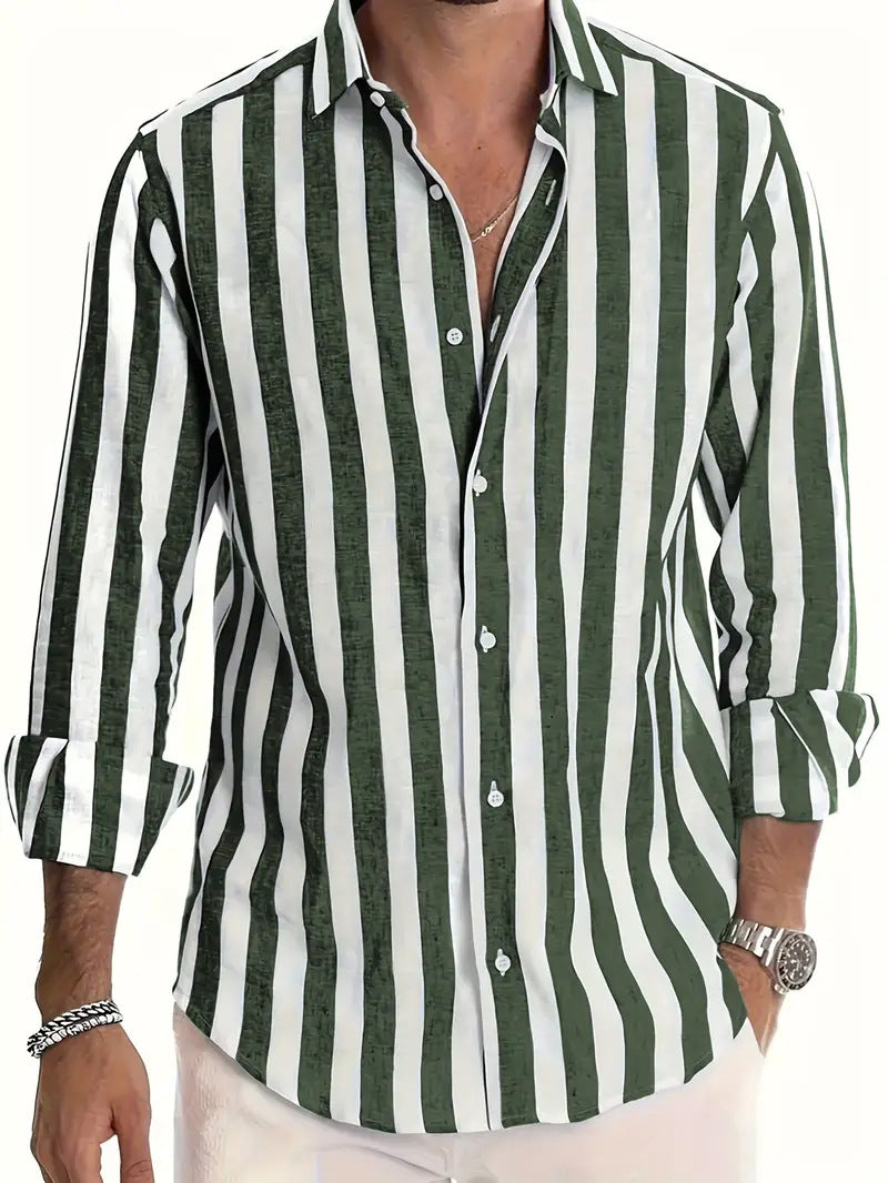 Green and white striped shirt worn by a person on a white background