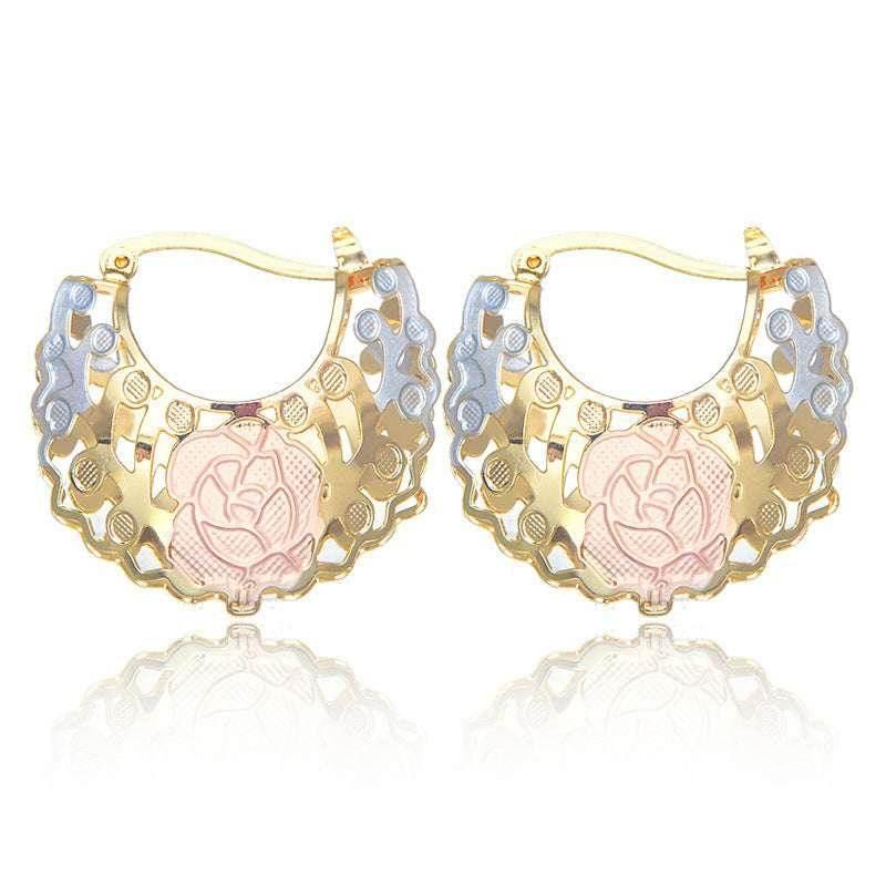 Gold Contrast Hollow Rosette Hoop Earrings - ZA-Zola