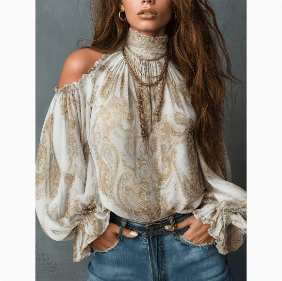 Woman wearing a patterned blouse with long hair and a gray background