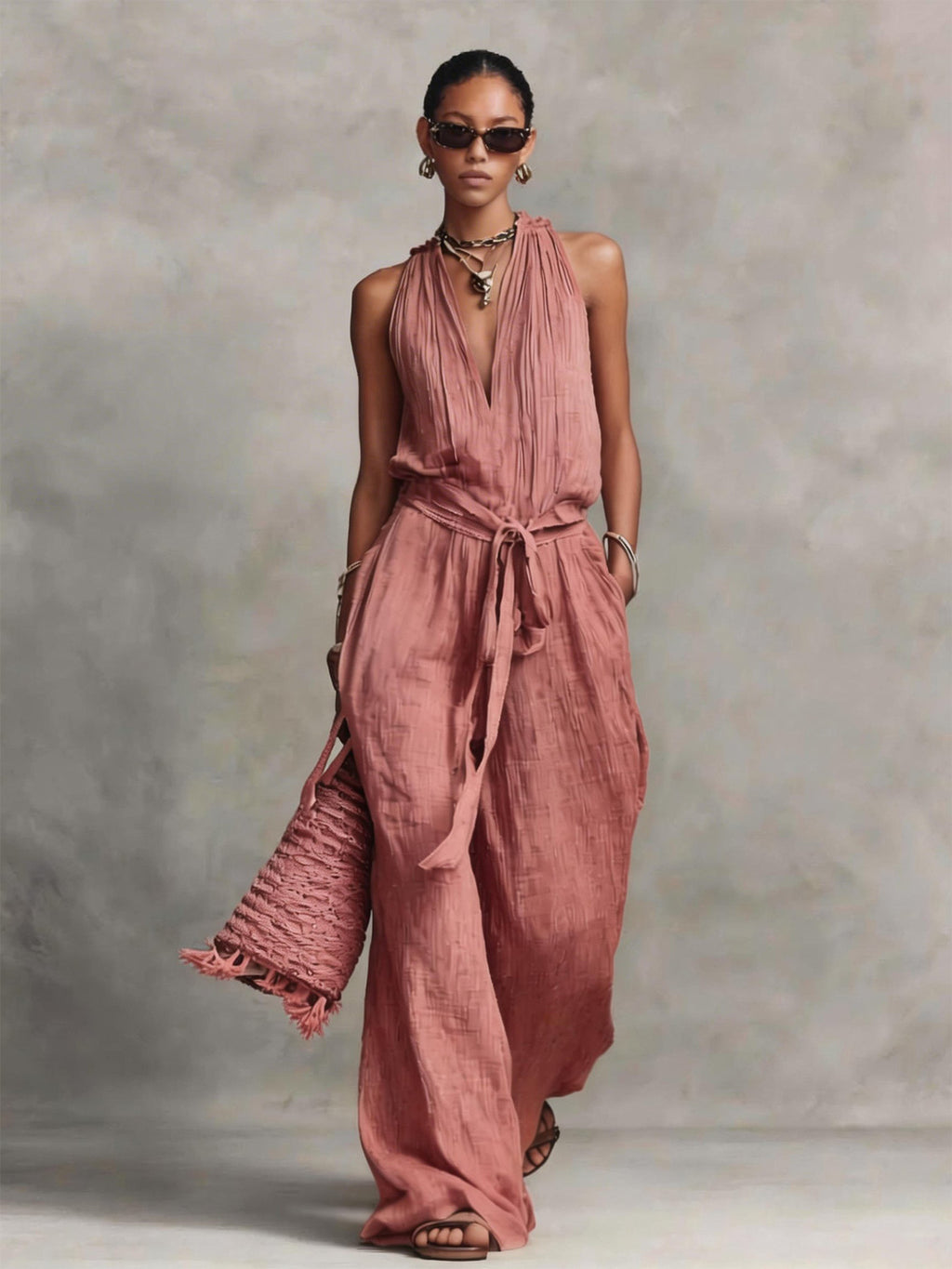 Woman wearing a pink jumpsuit against a gray background