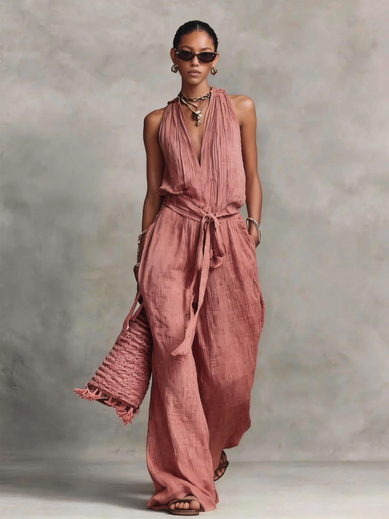 Woman wearing a pink jumpsuit against a gray background