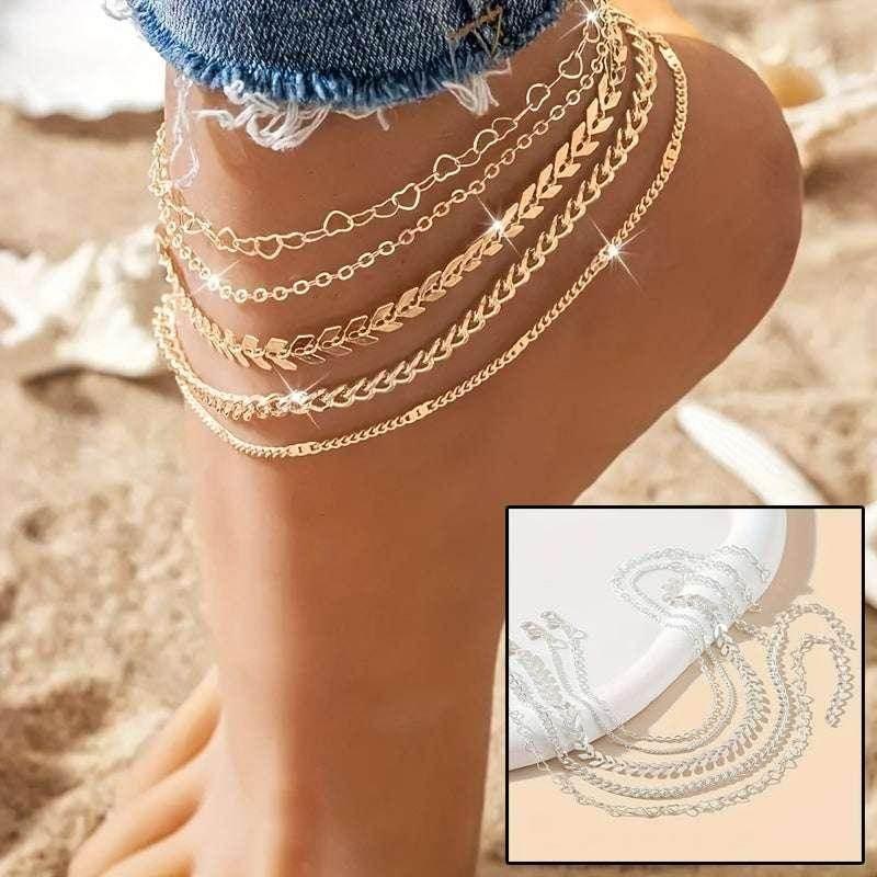 Boho Anklet Set – 5pcs Airplane & Heart Chain Layered Anklets - ZA-Zola