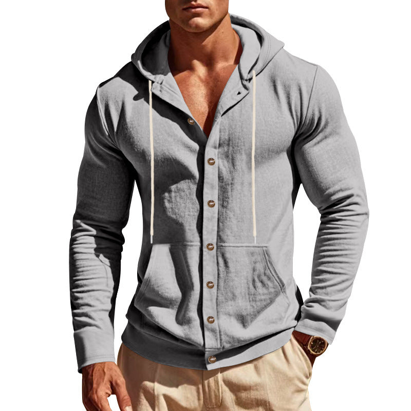 Gray hoodie with button details on a white background