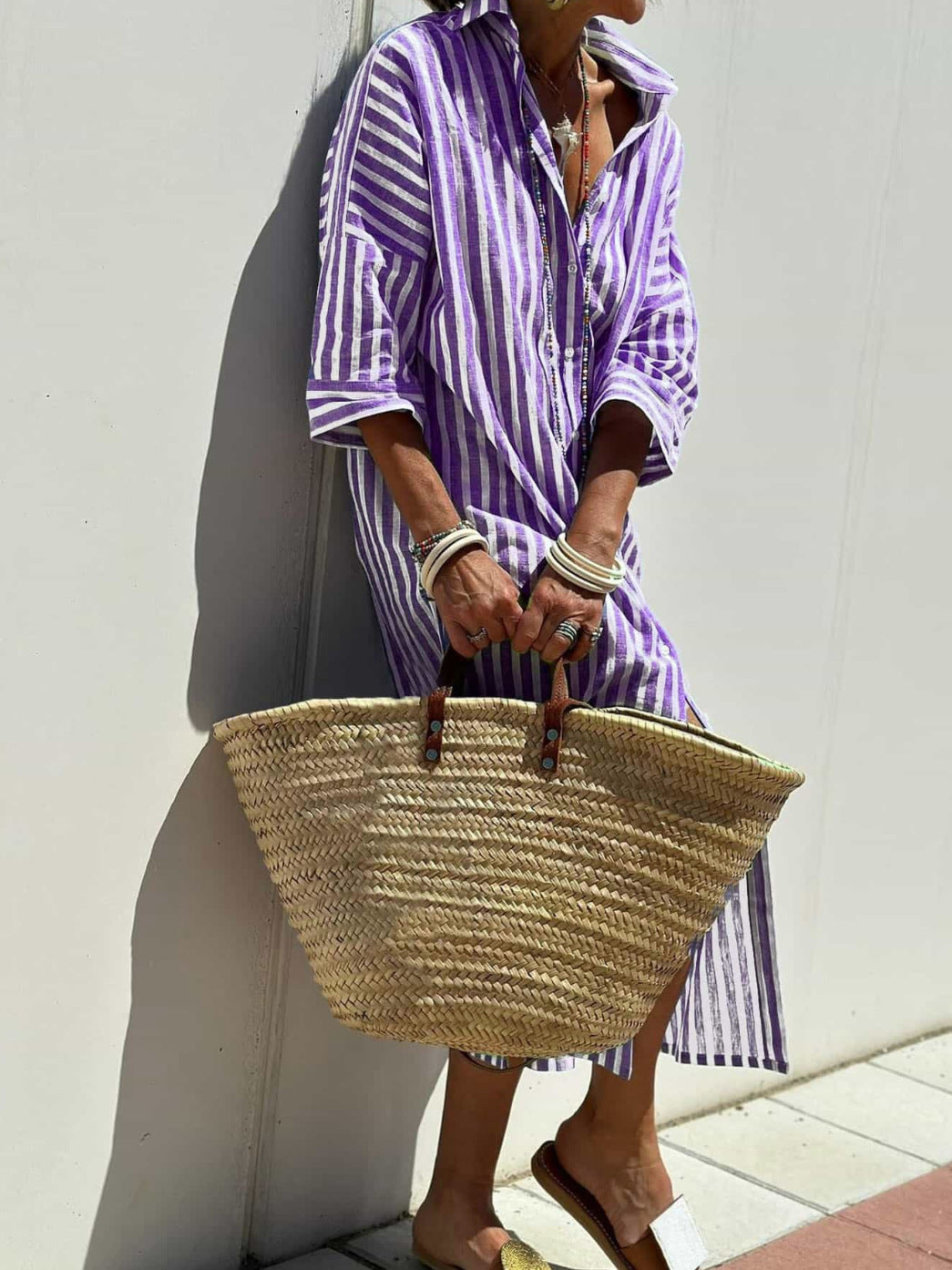 Striped Shirt Dress with Belt Half Sleeve Lapel Button Cardigan Dress Women's Fashion Clothing