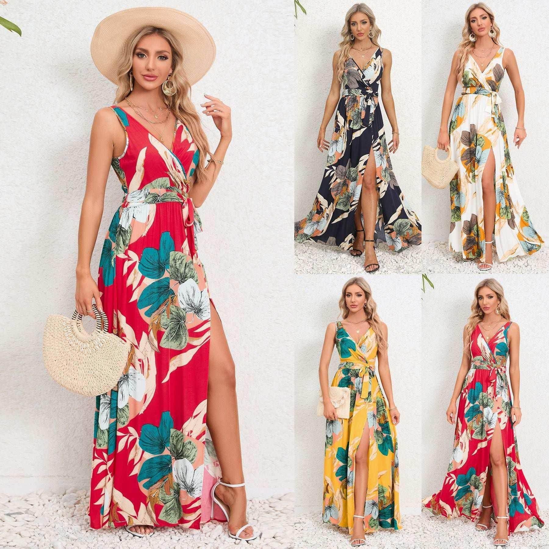 V-Neck Floral Print Long Dress with Waist Tie & Slit - ZA-Zola