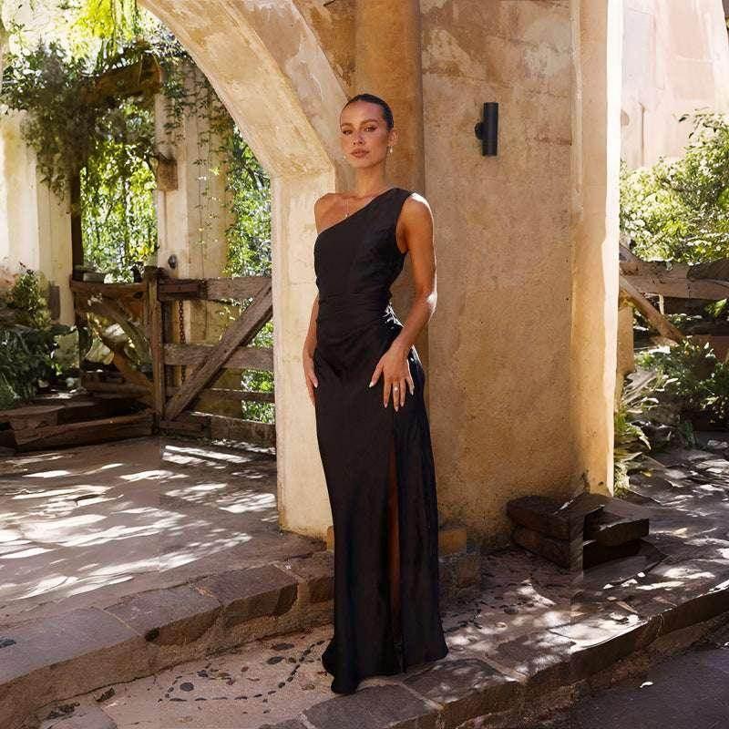 One-Shoulder Satin Split Dress – Sleek & Elegant Fit - ZA-Zola