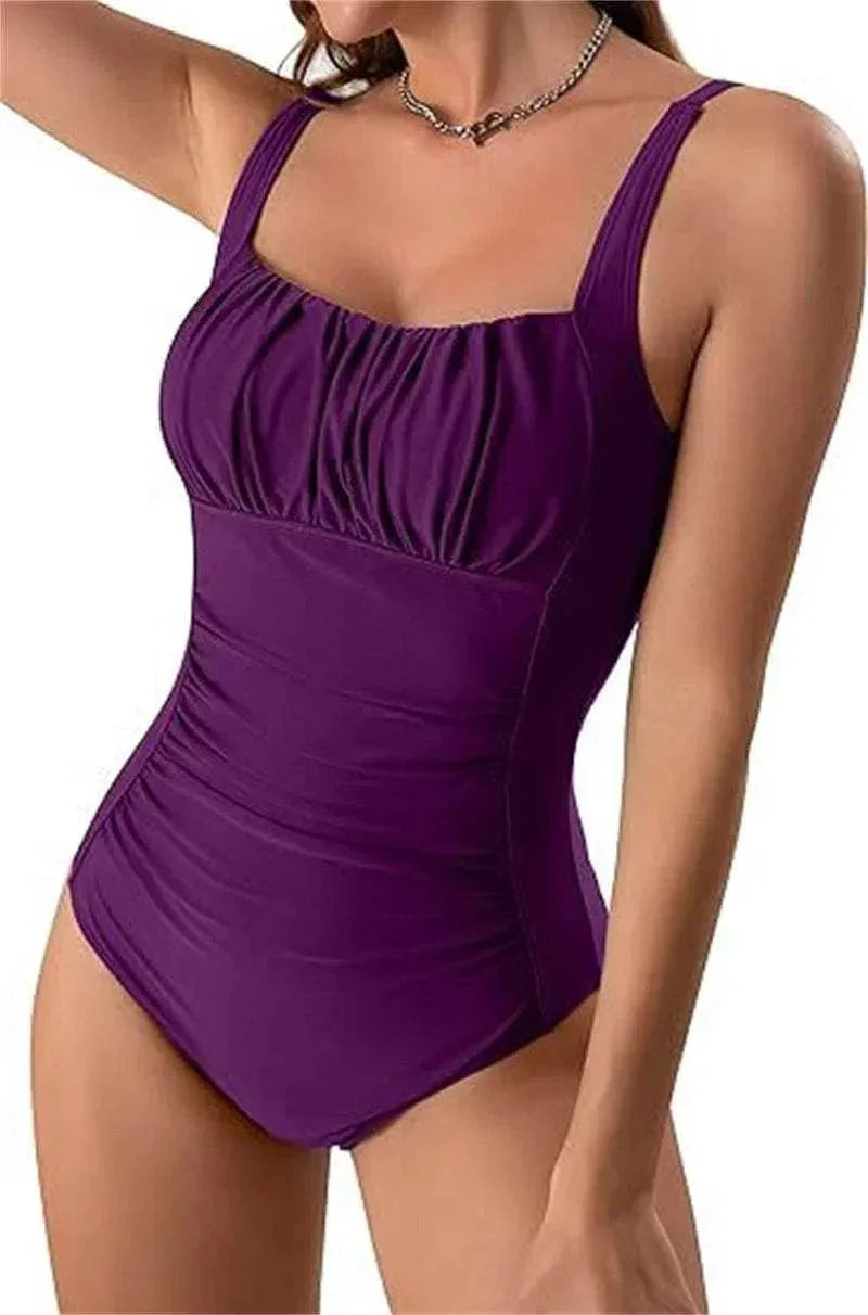 Square Neck Pleated Swimsuit – Beach Vacation Ready - ZA-Zola