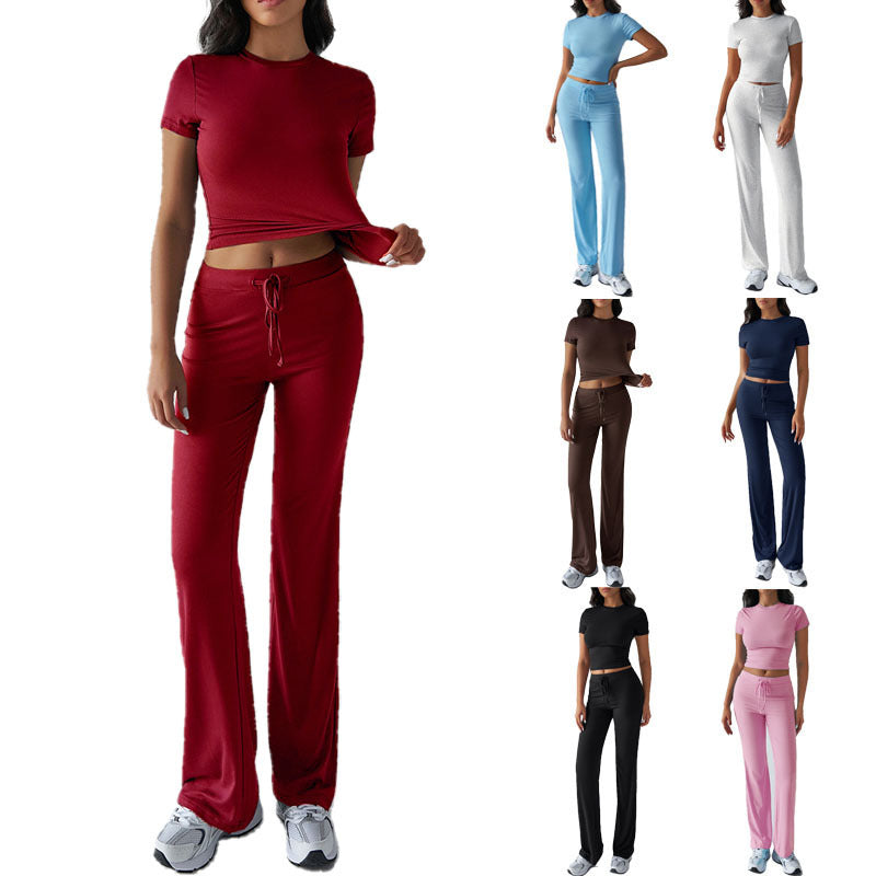 Woman wearing a red outfit with multiple color options displayed below on a white background