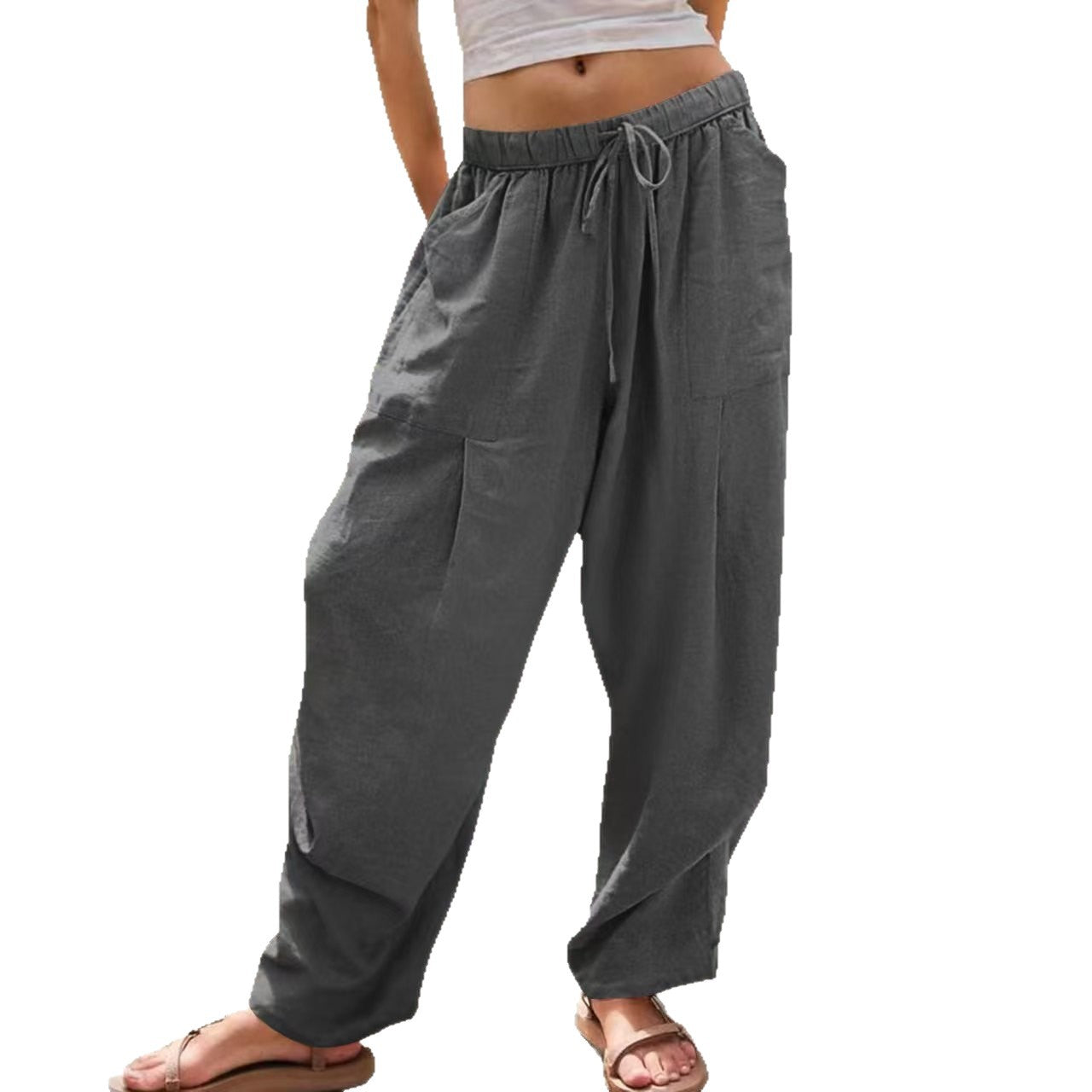 Gray wide-leg pants worn by a person on a white background