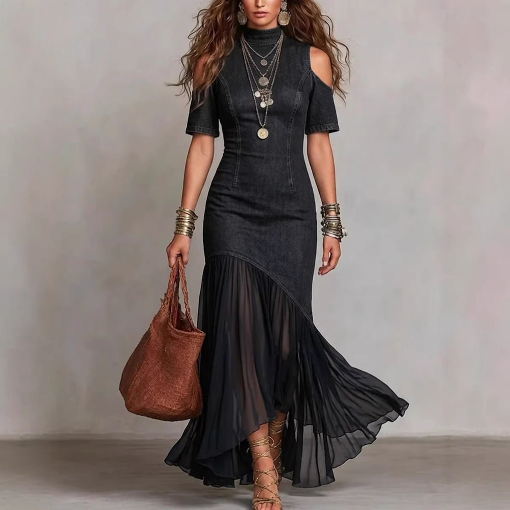Off Shoulder Mesh Hem Dress Colors Dark Blue Blue Black Women