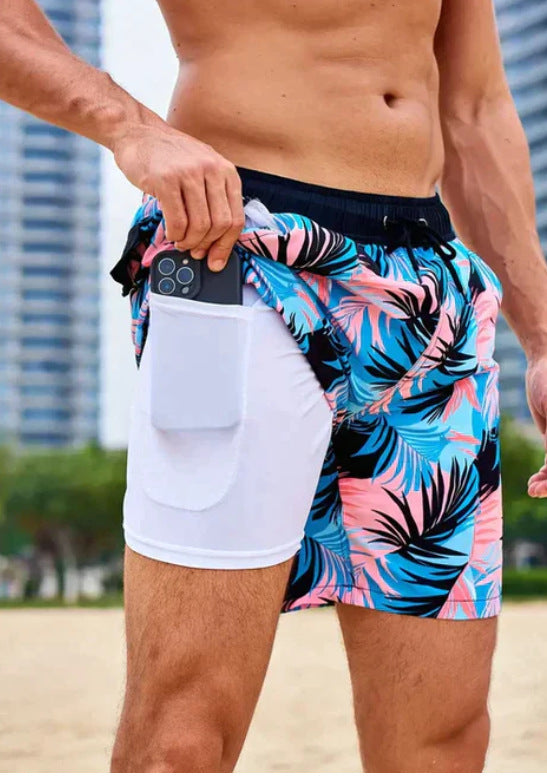 Men's Double-Layer Beach Shorts - 3D Digital Print Swim Trunks