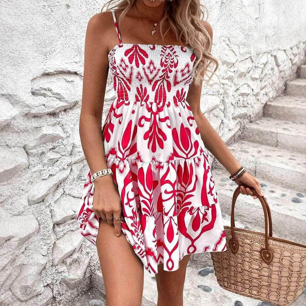 Women's Fashion Plant Print Gathered Cami Dress - ZA-Zola
