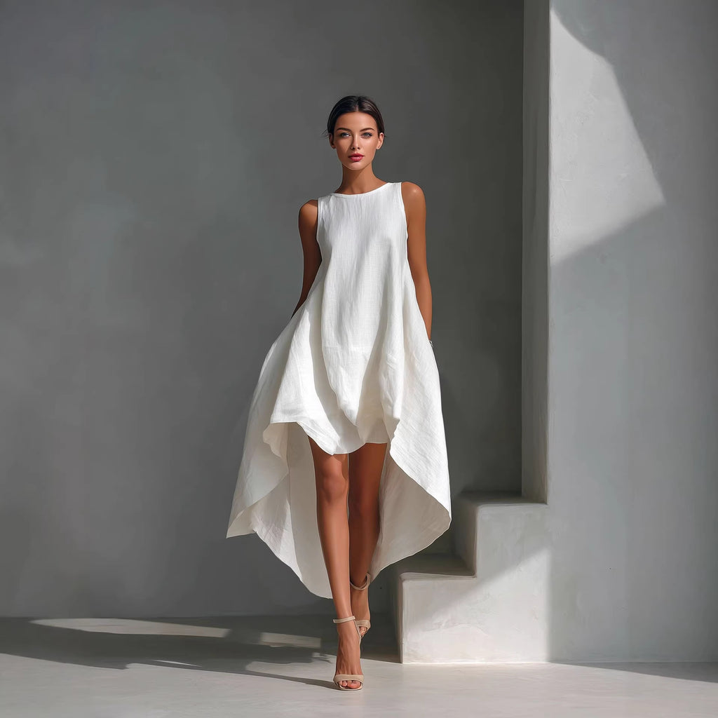 Woman wearing a white dress standing against a gray wall with a light source creating shadows.