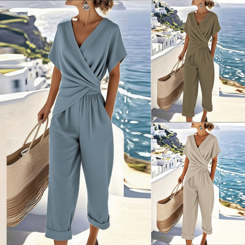Three images of a woman wearing different colored jumpsuits with a scenic background.
