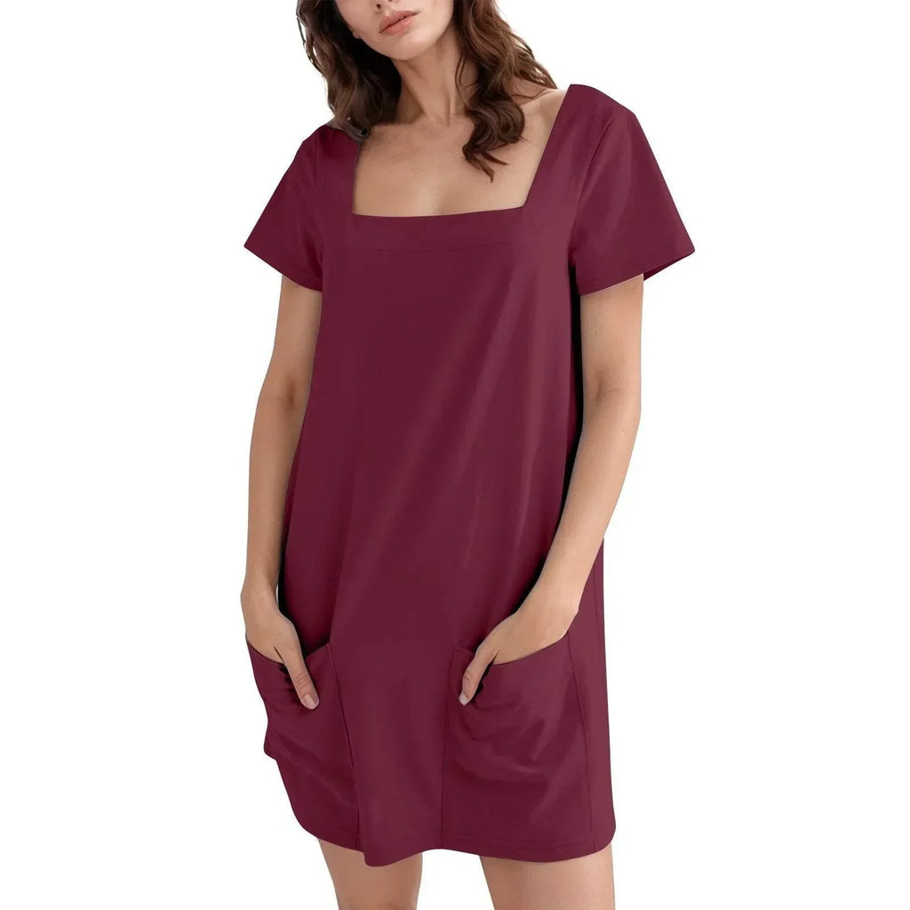 Square Collar Casual Short Dress with Pockets - ZA-Zola