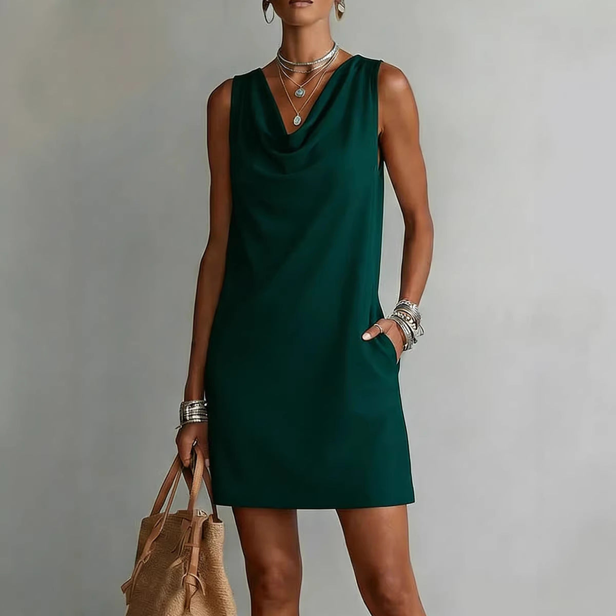 Woman wearing a green dress holding a beige bag against a gray background