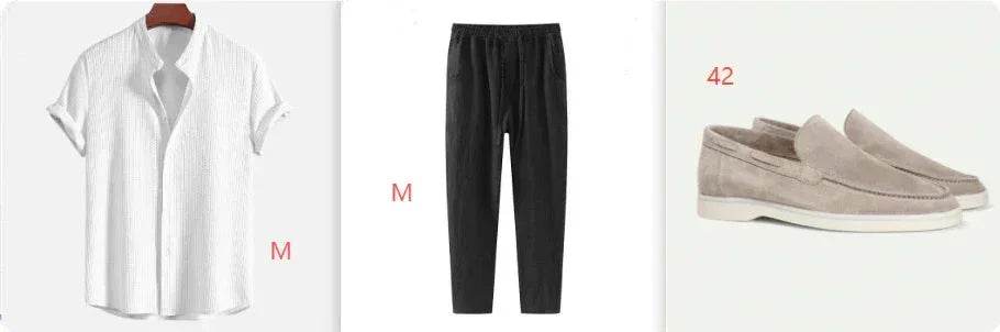 Men’s casual outfit with white short-sleeve shirt, black pants, and beige loafers from ZA-Zola