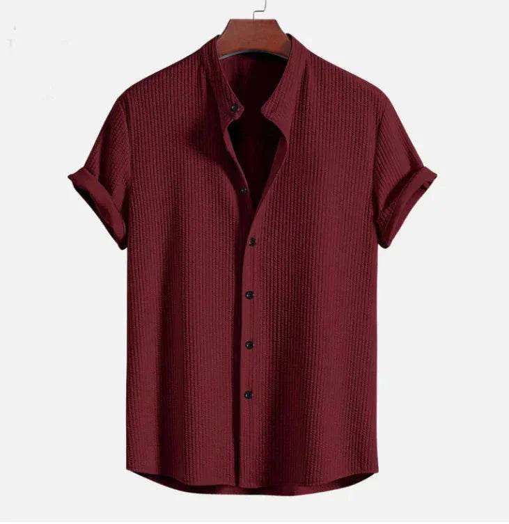Men's textured maroon short sleeve shirt from ZA-Zola, button-up stylish apparel