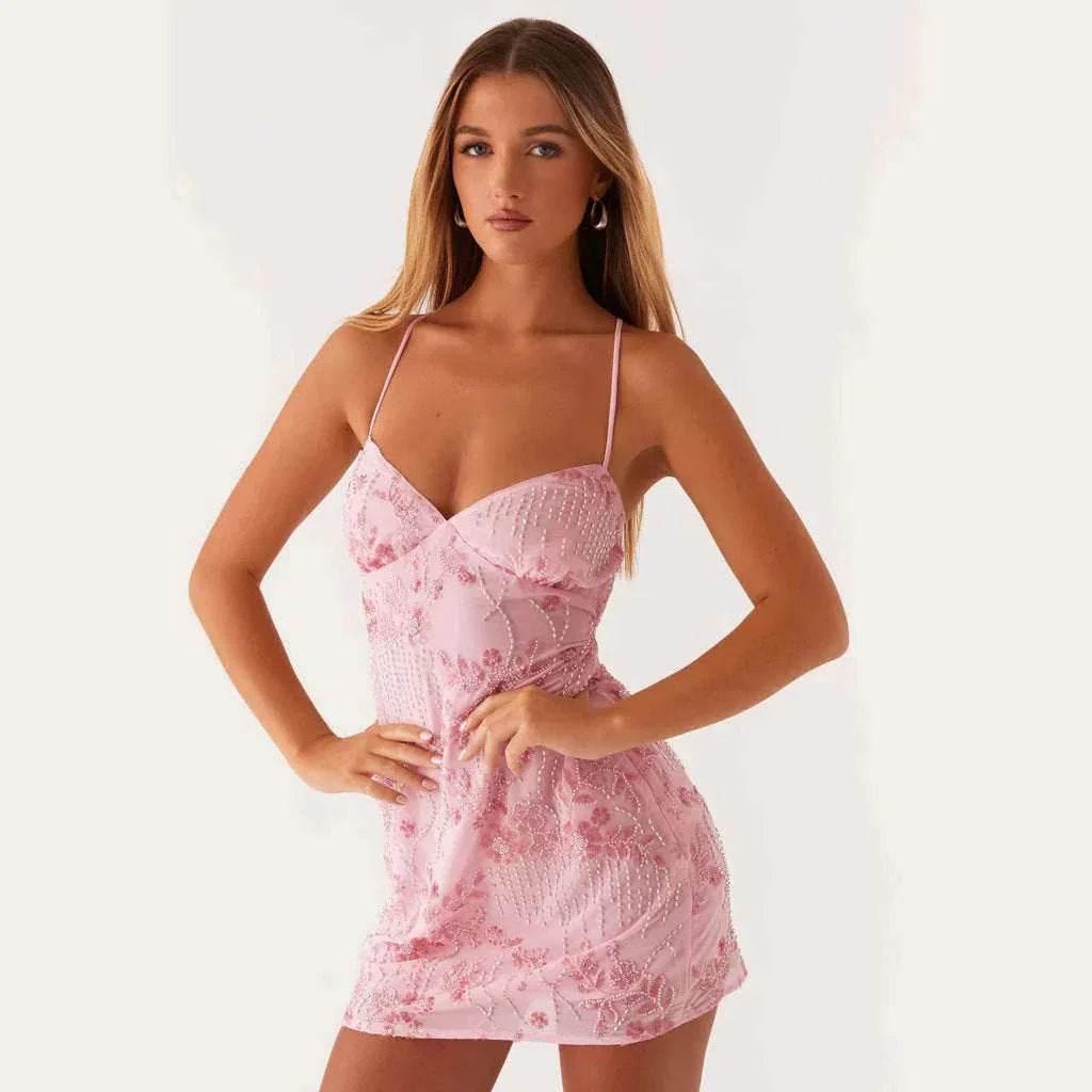 Women’s Sequin Embroidered Backless Sling Dress – High Waist Short Skirt (S–XXL) - ZA-Zola