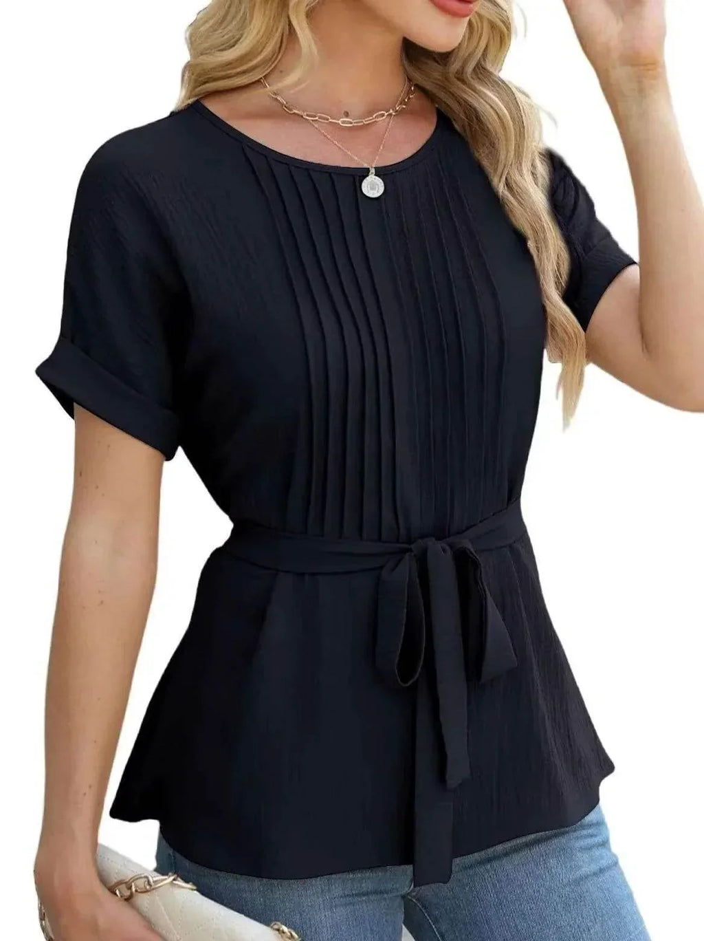 Ruffled Pleated Round Neck Short Sleeve Shirt - ZA-Zola