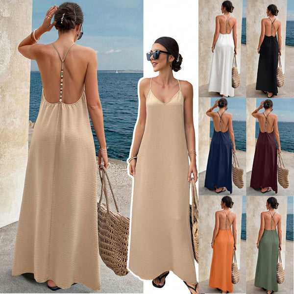 Woman wearing a beige maxi dress with a backless design, holding a straw bag, with multiple color options displayed.