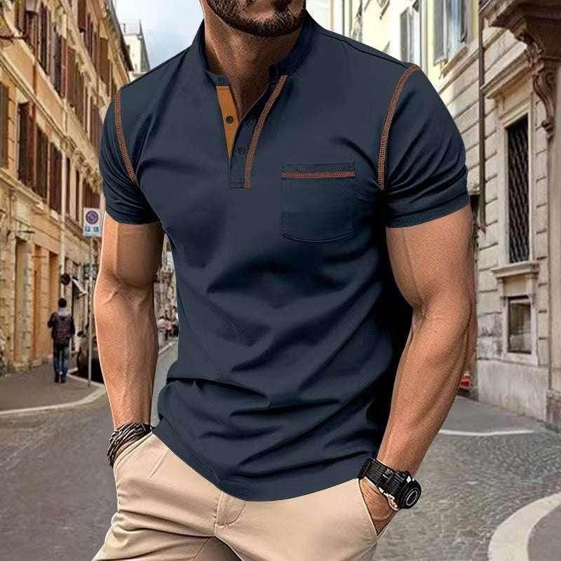 Man in a navy polo shirt with brown trim and beige pants, street fashion at ZA-Zola UK