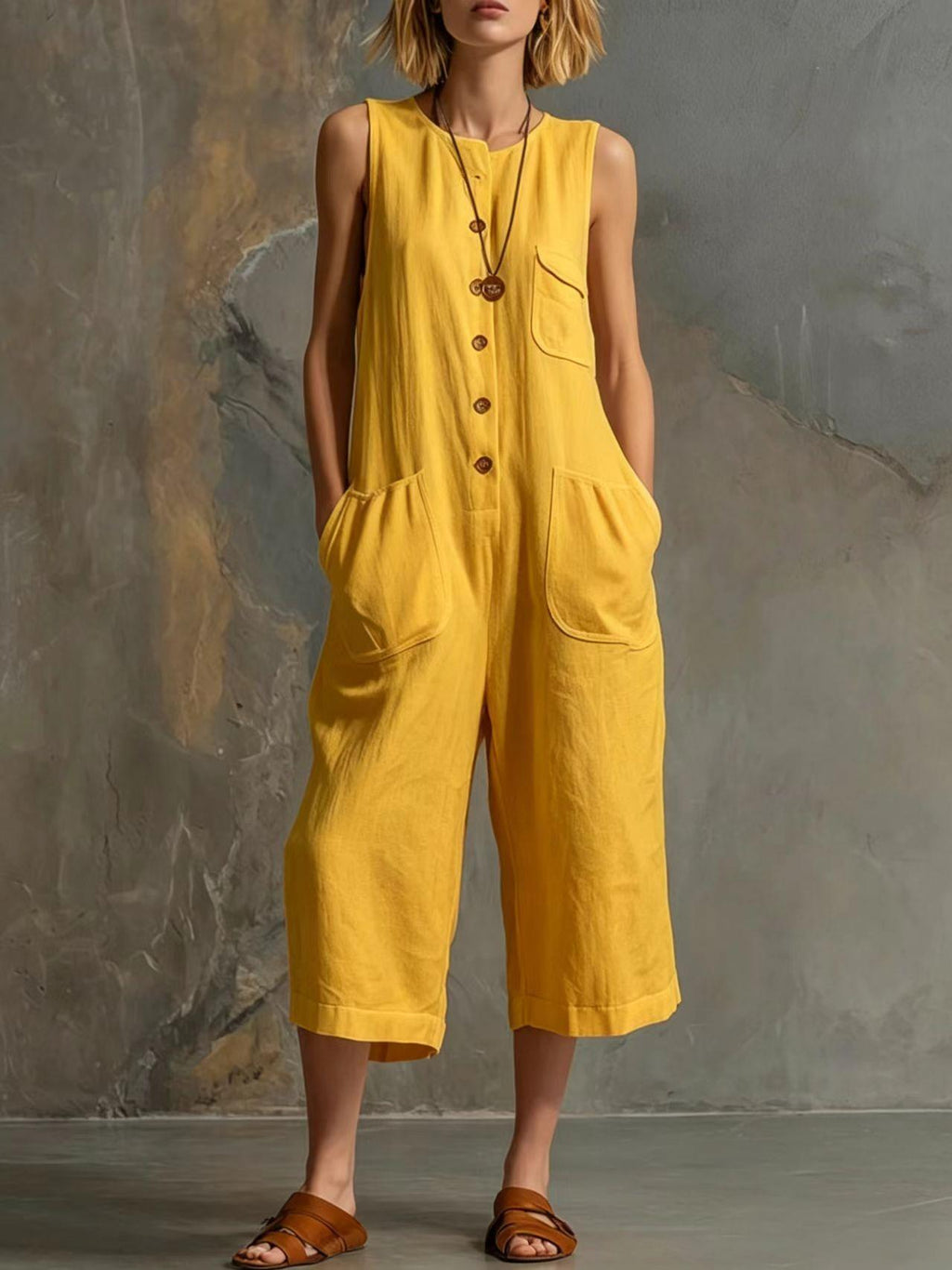 Person wearing a yellow sleeveless jumpsuit against a textured wall.