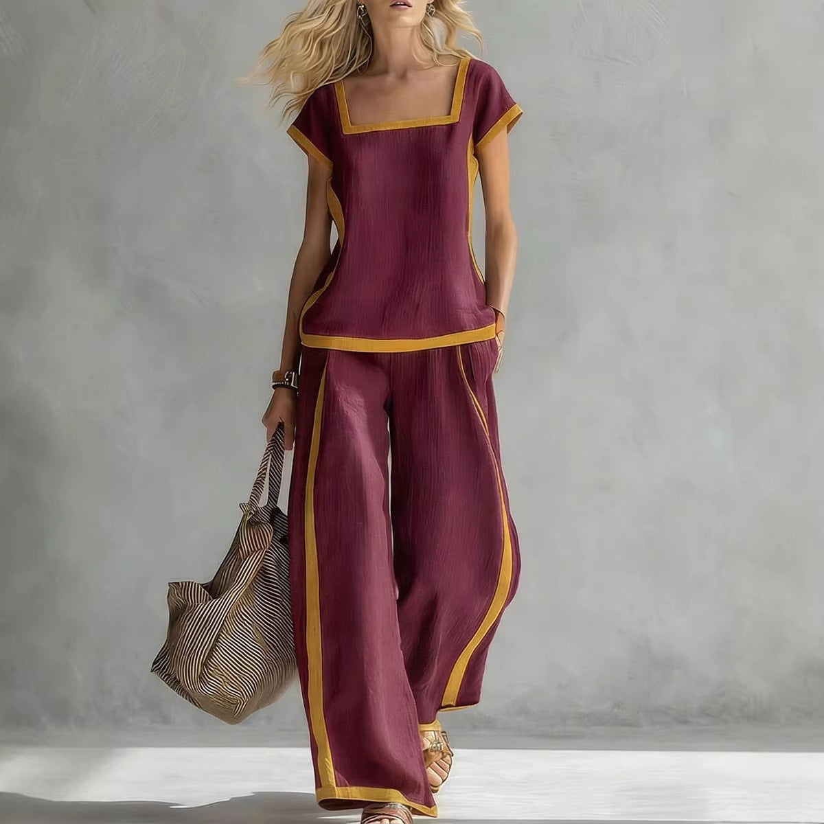 Woman wearing a burgundy outfit with gold trim holding a bag against a gray background