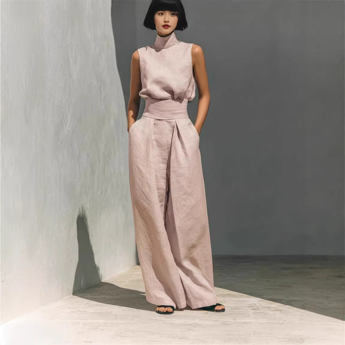 Sleeveless Stand Collar Suit Top Straight Leg Trousers Color Options