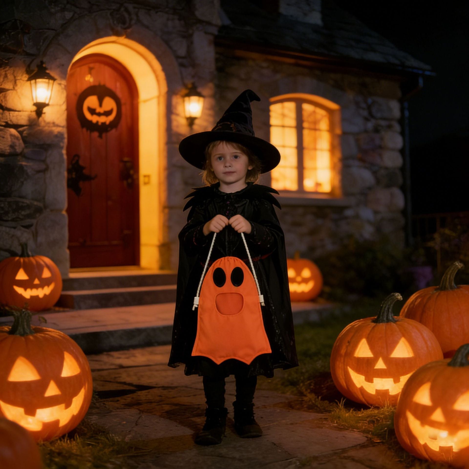 A young child wearing a black witch costume stands in front of a stone house at night, holding an orange ghost-shaped candy bucket. The scene is decorated with glowing jack-o'-lantern pumpkins around the porch.
