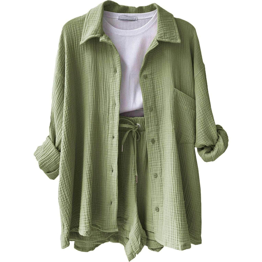 Sage green textured lounge set with button shirt and drawstring shorts, ZA-Zola fashion