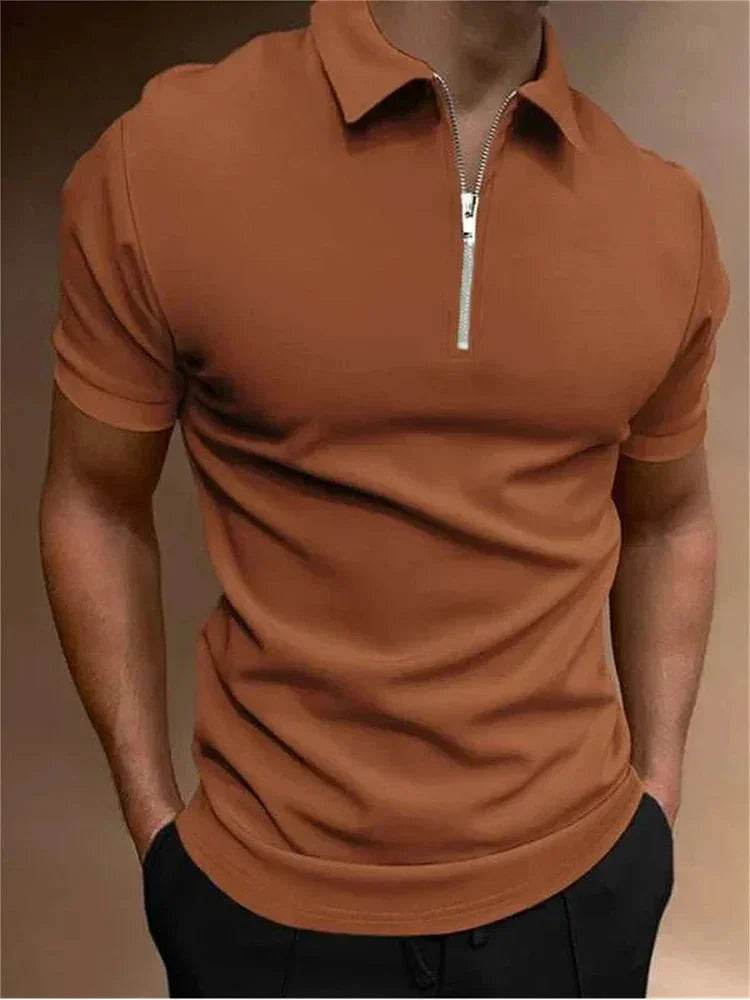 Men's brown short sleeve zip polo shirt, stylish fashion top from ZA-Zola UK.