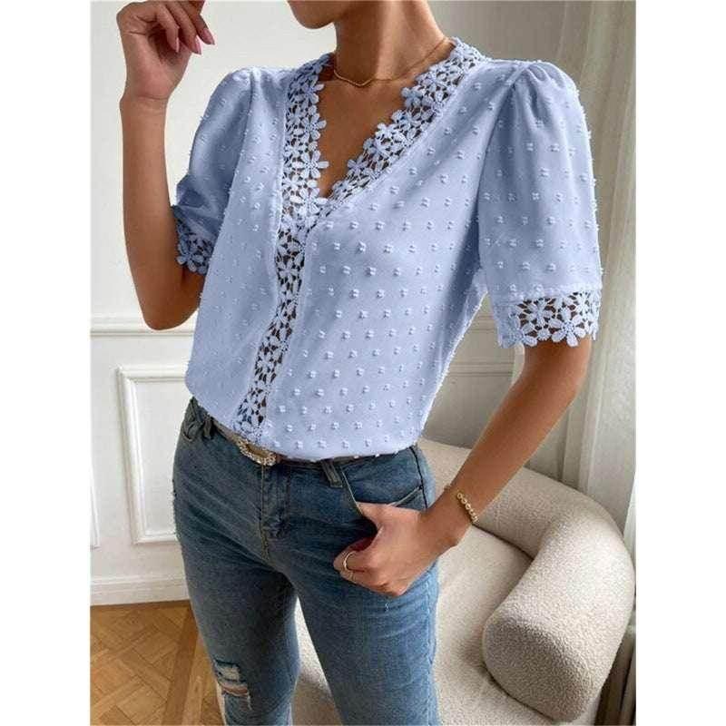 Floral Lace V-Neck Puff Sleeve Summer Top Women - ZA-Zola