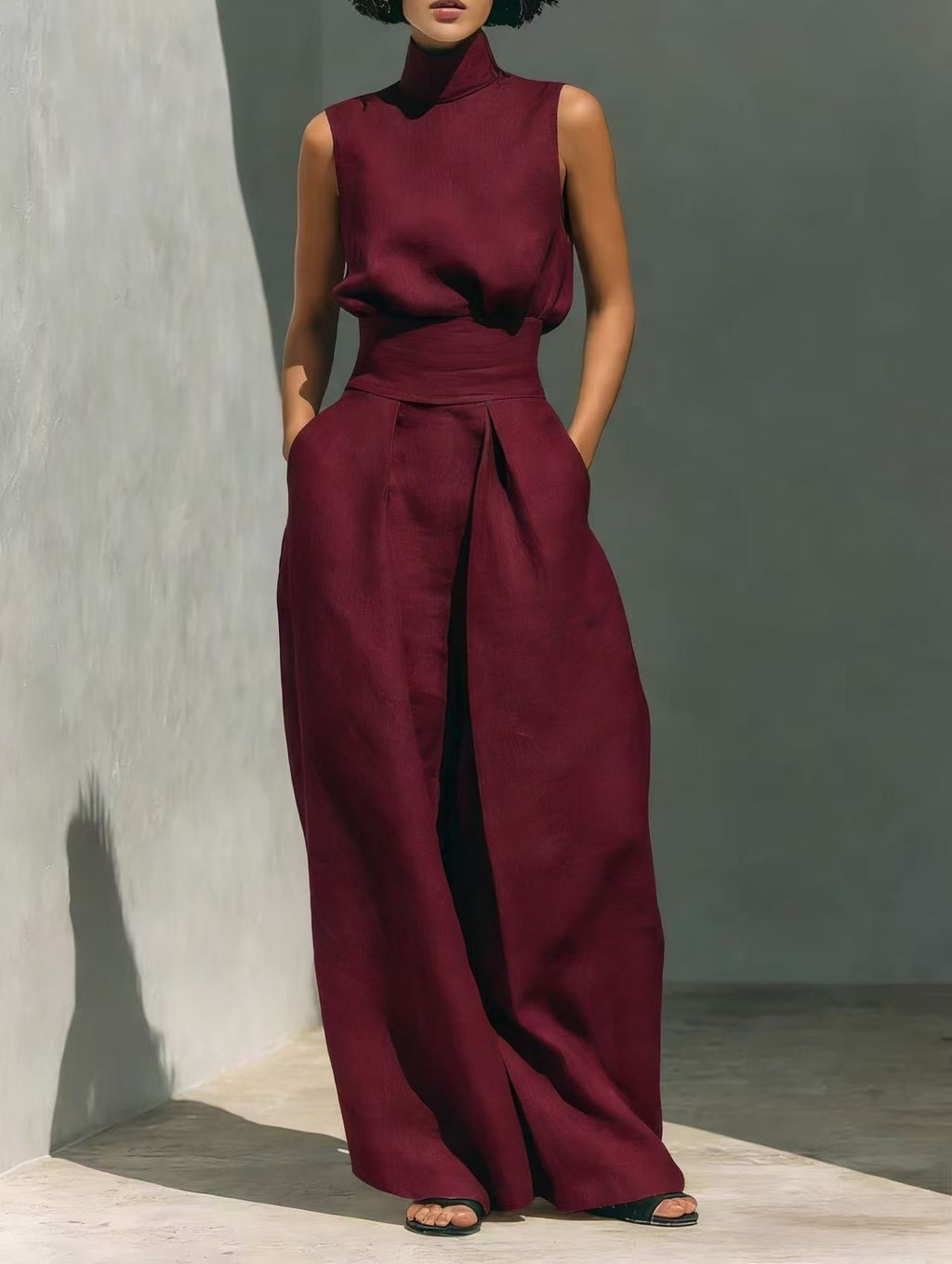 Person wearing a burgundy sleeveless top and wide-leg pants against a gray wall.