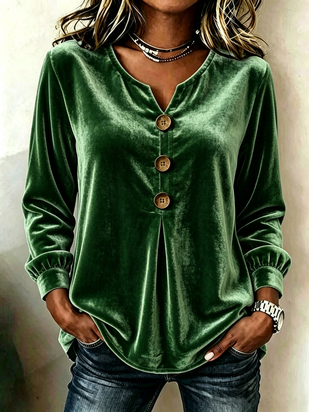 Green velvet button-up shirt worn by a person with a neutral background